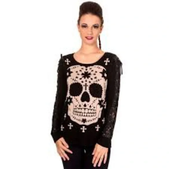 Banned Apparel Mexican Sugar Skull/Cross Knit Sweater,Lace-up Corset Sleeve-SZ-S - Picture 3 of 6